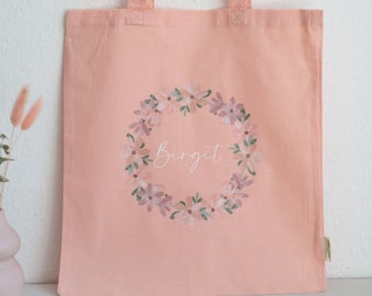 Personalisierte Baumwolltasche, Tasche mit Namen, Jutetasche personalisiert, Geschenk Oma, Geschenk Mama, Tasche Blumenkranz