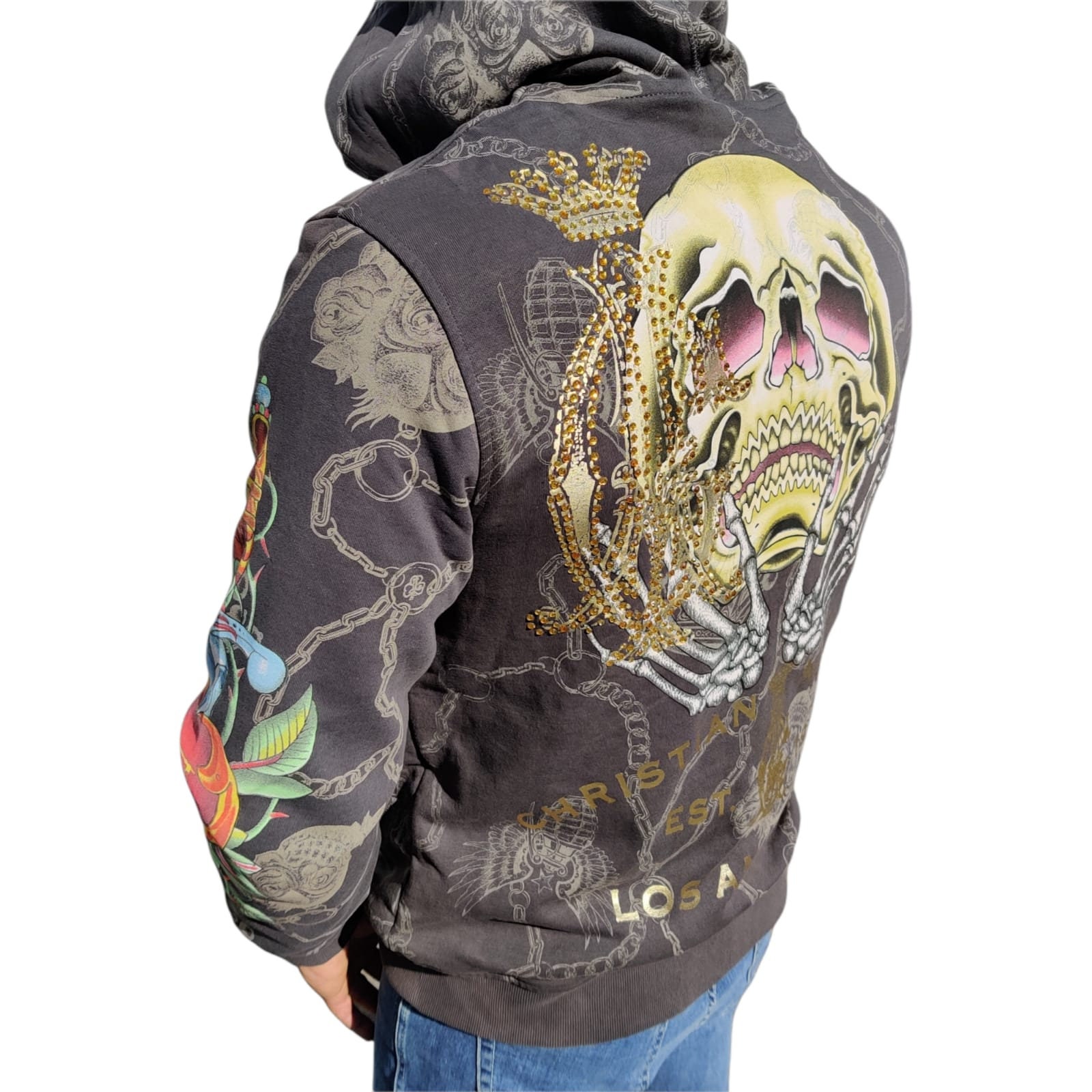 Ed Hardy by Christian Audigier Men's Designer Zip/Faux Gray XL