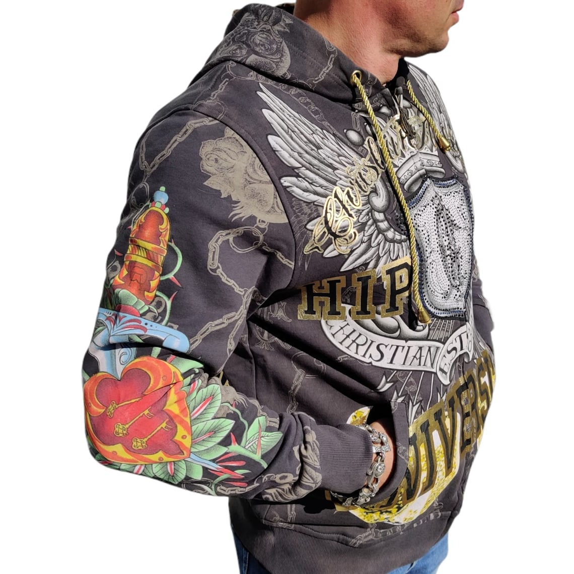 Ed Hardy Hoodie
 ED HARDY Men Hoo Sweatshirt Christian Audigier Hip Hop Gray Sz XL