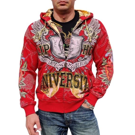 ED HARDY Men Hoodie and Sweats by Christian Audigier Hip Hop Red Sz. L, XL  
