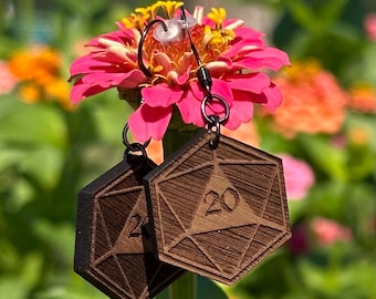 Laser Cut Walnut D20 Dice Earrings: RPG Gamer Jewelry