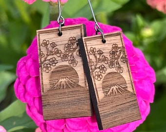 Walnut Mt. Fuji & Cherry Blossom Earrings | Japanese Inspired Wood Jewelry