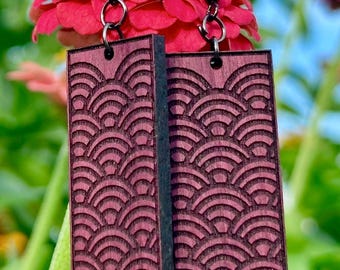 Seigaiha Wave Earrings | Walnut, Purple Heart, Mahogany Hardwood