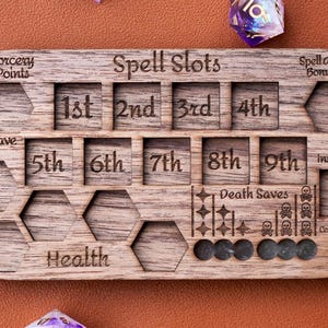 Spell Slot and Character Tracker | Walnut Hardwood | Personalized Spellcaster Wizard Tracker with Rear Engraving