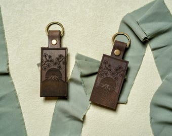 Mt. Fuji & Cherry Blossom Buffalo Leather Keychain | Handmade Minimalist Key Ring