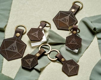 Laser Engraved Buffalo Leather D20 Keychain: Tabletop RPG Gift