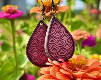 Seigaiha Teardrop Earrings – Handcrafted Purple Heart Wood with Japanese Wave Pattern