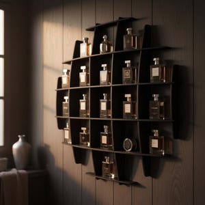 Könnte beinhalten: Ein dunkelbraunes, geometrisches Wandregal mit zahlreichen Parfümflaschen. Die Flaschen haben verschiedene Formen und Größen und enthalten klare oder bernsteinfarbene Flüssigkeit. Das Regal ist an einer Wand mit dunklen Holzpaneelen befestigt und schafft eine elegante Präsentation.
