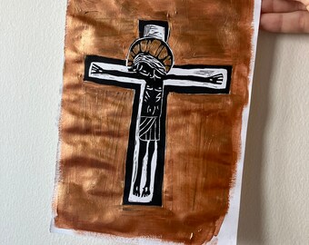 Impression linogravure crucifixion peinte à la main