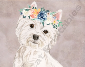 WESTIE With FLOWER CROWN, Watercolor Dog, White Terrier, Cute Pet Art, Instant Download, Printable Art, Dog Lover, Digital Art, Wall Art