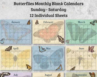 BUTTERFLIES UNDATED BLANK Calendar, Planner, 12 Designs, Sun-Sat, Mon-Sun, Instant Download, Printed Days & Months, Prints on 8.5x11" Paper