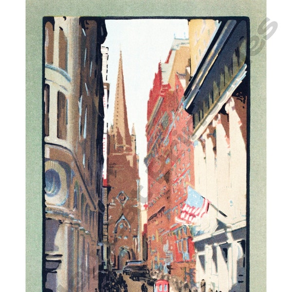 TRINITY CHURCH and Wall Street, New York City, Rachael R. Elmer, Instant Download, Wall Art, Vintage Art, Digital Print, Paper Crafts