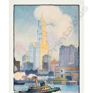 THE WOOLWORTH BUILDING from the Ferry, New York City, Rachael R. Elmer, Instant Download, Wall Art, Vintage Art, Digital Print, Paper Crafts