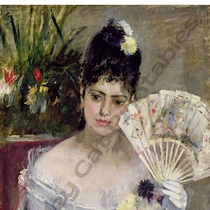 May include: A woman in a white dress with a floral pattern holds a white fan in her right hand. She is wearing a white glove on her right hand. She has dark hair and is wearing a flower in her hair. The background is a light brown color.