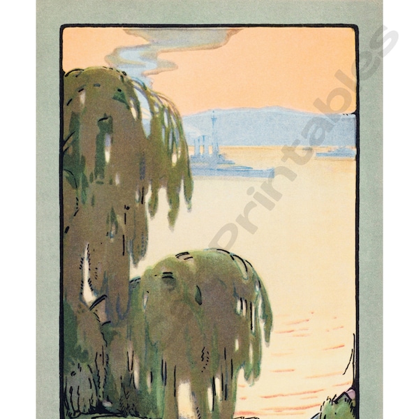 THE HUDSON from Riverside Dr., New York City, Rachael R. Elmer, Instant Download, Wall Art, Vintage Art, Digital Print, Paper Crafts