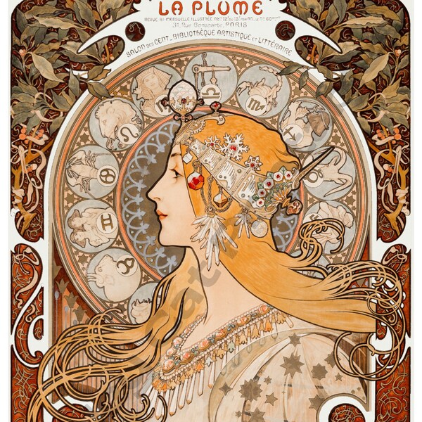 LA PLUME, Art Nouveau, Alphonse Mucha, Instant Download, Wall Art, Vintage Art, Digital Print