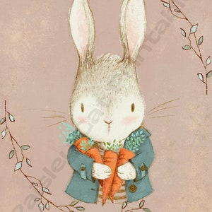 CUTE BUNNY With Carrots, Rabbit Art, Watercolor, Instant Download, Printable Art, Digital Art, Children&#39;s Art, Nursery Art