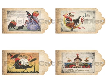 FOUR XL TAGS, Vintage Halloween, Witches, Gift, Shabby Chic, Scrapbook, Junk Journal, Embellishment, Banner, Instant Download, 8.5x11"