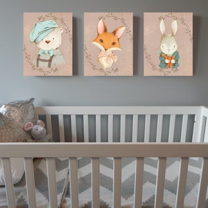 SET OF THREE Cute Critters, Bear, Fox & Bunny, Watercolor, Instant Download, Printable Art, Digital Art, Children&#39;s Art, Nursery Art