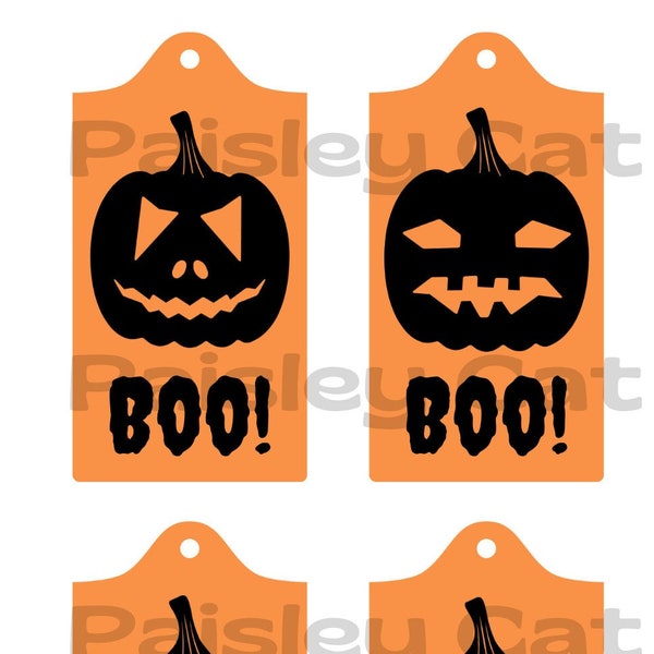 8 HALLOWEEN TAGS, Gift Tags, Black & Orange Jack-O-Lanterns, Boo!, Trick or Treat, Instant Download, Digital, 8.5x11"