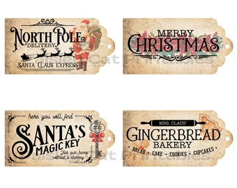 FOUR XL TAGS, Vintage Christmas Typography, Gift, Banner, Scrapbook, Junk Journal, Embellishment, Ornament, Instant Download, 8.5x11"