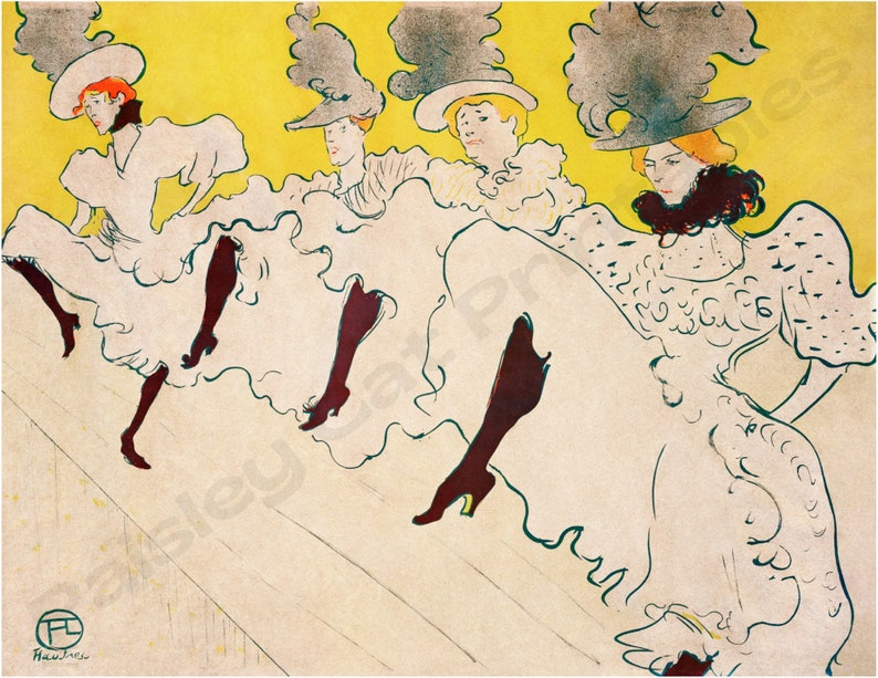 May include: A vintage poster featuring four women in white dresses and large hats with feathers. The women are depicted in a stylised, almost cartoonish manner, with exaggerated features and poses. The background is a bright yellow colour, and the poster is signed "Toulouse-Lautrec" in the bottom left corner.