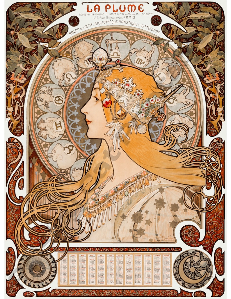 LA PLUME, Art Nouveau, Alphonse Mucha, Instant Download, Wall Art, Vintage Art, Digital Print image 1