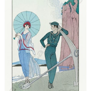 May include: A vintage illustration of a woman in a blue dress and a red hat holding a parasol, standing next to a man in a navy blue sailor outfit, leaning on an anchor. The text "Romance sans paroles." is at the bottom of the image.