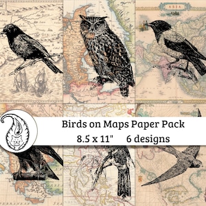 BIRDS on MAPS COLLAGE Paper Pack, 6 Designs, Sofort Download, Selber drucken, Digitaldruckbares Collage Papier, 8,5x11", Vintage, Boho