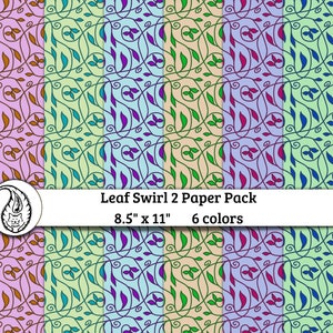 LEAF SWIRL Paper Pack, 6 Different Colors, Instant Download, Print Yourself, Digital Printable Collage Paper, 8.5x11&quot;, Original Design