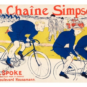 Può includere: Poster vintage che pubblicizza la corsa ciclistica "La Chaîne Simpson". L'opera presenta ciclisti in uniforme blu che corrono su un terreno giallo e verde. Il testo include "L.B. Spoke" e "25, Boulevard Haussmann."