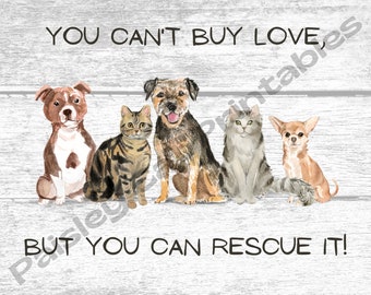 YOU CAN'T Buy LOVE...,  Watercolor Cats & Dogs, Cute Pet Art, Instant Download, Printable, Animal Lover, Digital Wall Art