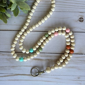 Wood Beaded Lanyard & Rainbow Silicone - Boho lanyard - teacher lanyard - badge necklace - teacher gift - teacher - educator