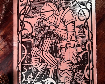 Knight and Squire - A4 Medieval Lino Print - Gay Storybook Romance