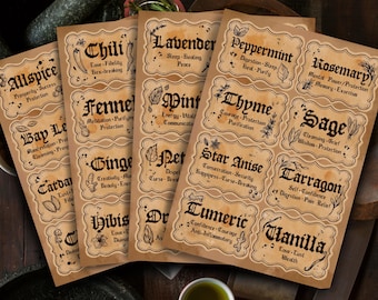 May include: A set of 16 brown paper labels with black text and illustrations of herbs and spices. Each label includes the name of the herb or spice, along with a list of its associated properties. The labels are designed to look like vintage apothecary labels.