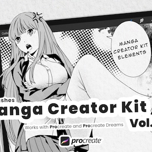 Peut inclure: Une illustration numérique en noir et blanc d'un personnage de manga sur l'écran d'une tablette. Le texte "Manga Creator Kit Vol. 2" est affiché sur l'écran. Les textes "30 Brushes" et "Works with Procreate and Procreate Dreams" sont également affichés sur l'écran. Le logo Procreate est affiché dans le coin inférieur droit de l'écran.