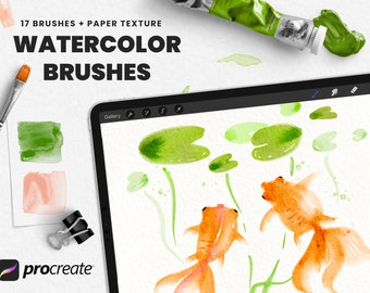 May include: 17 Watercolor Brushes + Paper Texture for Procreate.  The image shows a digital illustration of two orange goldfish swimming in a pond with green lily pads and stems.  The illustration is on a digital tablet screen.