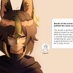 May include: A digital illustration of a person with green and brown hair, wearing a black hooded jacket. The person has cat ears and is looking to the side. The background is a light beige colour. The text "Words of the artist behind the cover art" is in a white box on the right side of the image. The text below the title reads: "The brush is perfect for sketch, lineart or rendering. With this brush You will have a smooth and smooth rendering for your line with a good pressure variation. He is easy to use."