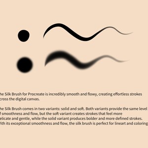 May include: A digital illustration of two brush strokes, one solid and one soft, demonstrating the Silk Brush for Procreate. The text describes the brush's features, including its smoothness and flow, and how it creates effortless strokes across the digital canvas.