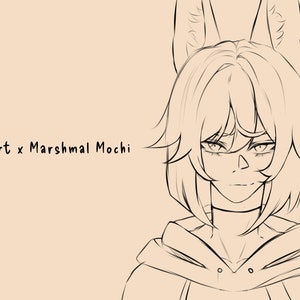 May include: Line art drawing of a person with short hair and pointed ears, wearing a hooded sweatshirt. The drawing is in black and white and has a simple style.