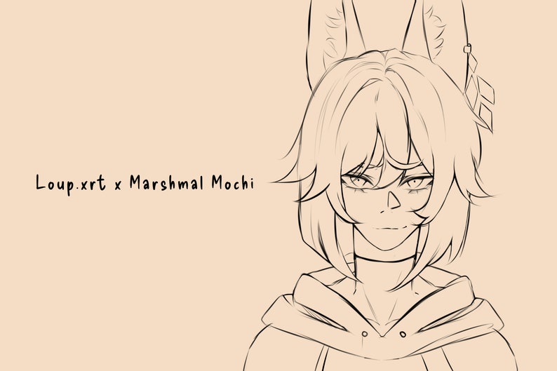 May include: Line art drawing of a person with short hair and pointed ears, wearing a hooded sweatshirt. The drawing is in black and white and has a simple style.
