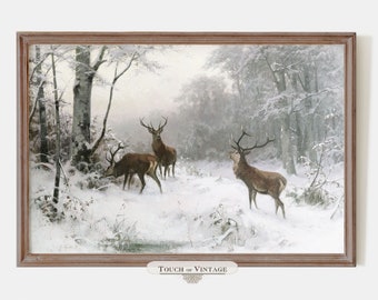 Printable Vintage painting of deer in the snow, neutral winter print, woodlands christmas print, instant download #WT007