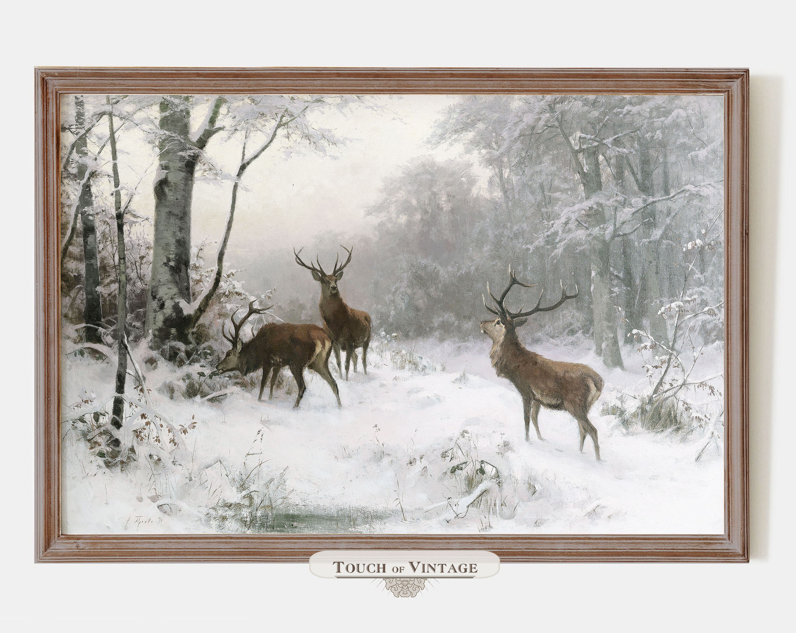 Printable Vintage Painting of Deer in the Snow, Neutral Winter Print ...