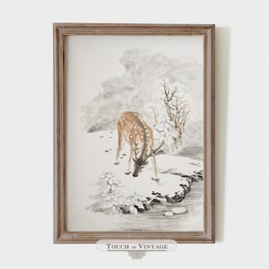 Printable Vintage painting of a deer in the snow, neutral winter print, woodlands christmas print, instant download #WT021