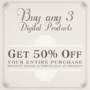 K&ouml;nnte beinhalten: Eine Vintage-Anzeige mit einem dekorativen Rahmen. Der Text lautet "Kaufe 3 digitale Produkte und erhalte 50% Rabatt auf deinen gesamten Einkauf. Der Rabatt wird automatisch an der Kasse angewendet".
