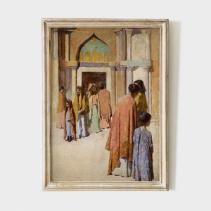 Printable Vintage Arabic painting of women by a Mosque, Antique Moroccan art print, instant download #AS014