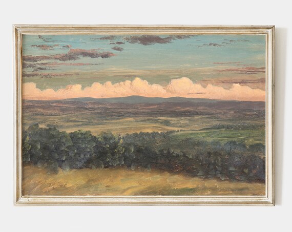 Printable vintage oil painting of a Hudson valley landscape with pink clouds, antique Farmhouse print, rustic decor, instant download #LA008