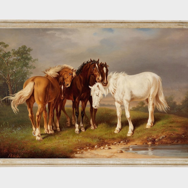Printable Vintage painting of a group of horses, Antique equestrian print, instant download #AN004