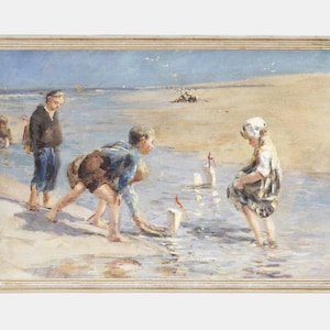 Printable Vintage oil painting of children playing at the beach, Coastal wall art, vintage nursery decor, instant download #CS037
