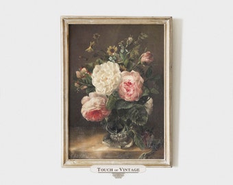 Printable vintage painting of a floral still life, pastel pink roses print, shabby chic decor, instant download #BT037